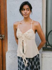 lacRébo Ruffle Front Boho Woven Summer Vacation Cream Cami Top Cute Summer Top