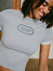 lacRébo Áo thun họa tiết French Cote D'Azur ôm sát dành cho nữ, có hiệu ứng hai lớp và tay ngắn, thu đông - Xám - Xem 1