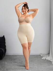 SHEIN CURVE+ 大尺碼女款度假純色彈性腰休閒百搭短款內搭褲夏季/鄉村/海邊度假穿搭/海邊穿搭/海邊服飾 - 杏色 - 查看 10