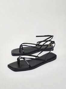 Solezae 人造皮革踝带人字凉鞋夏季鞋春季鞋春假鞋复活节度假鞋休闲鞋沙滩鞋母亲节礼物 - 黑色 - 查看 3