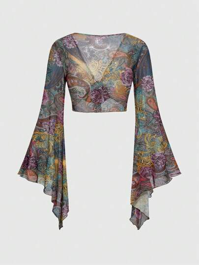 Hippie Women Plus Size Retro Bohemian Style Paisley Print Flare Sleeve Cardigan