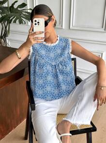 SHEIN Frenchy Áo sơ mi nữ rộng rãi họa tiết hoa tua rua, mùa hè - Màu xanh lam - Xem 3