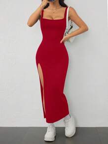 SHEIN PETITE High Elastic Rib Knit Wide Shoulder Strap Women's High Slit Slim Long Dress