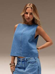 SHEIN Forever 21 女士秋冬正装/返校季/万圣节/婚礼宾客/度假/千禧年/海滩/可爱/教师/外出/商务休闲/优雅/生日/办公室/乡村音乐会/夜店性感/西部风/工作/街头风/复古/节日/鸡尾酒会/锐舞派对/毕业舞会/夏威夷/机场/趣味/基础款/早午餐/2000年代风格/老钱风格/教堂/返校节/高贵/派对/端庄/约会之夜/牛仔女郎/无袖牛仔上衣 - 藍色 - 查看 9