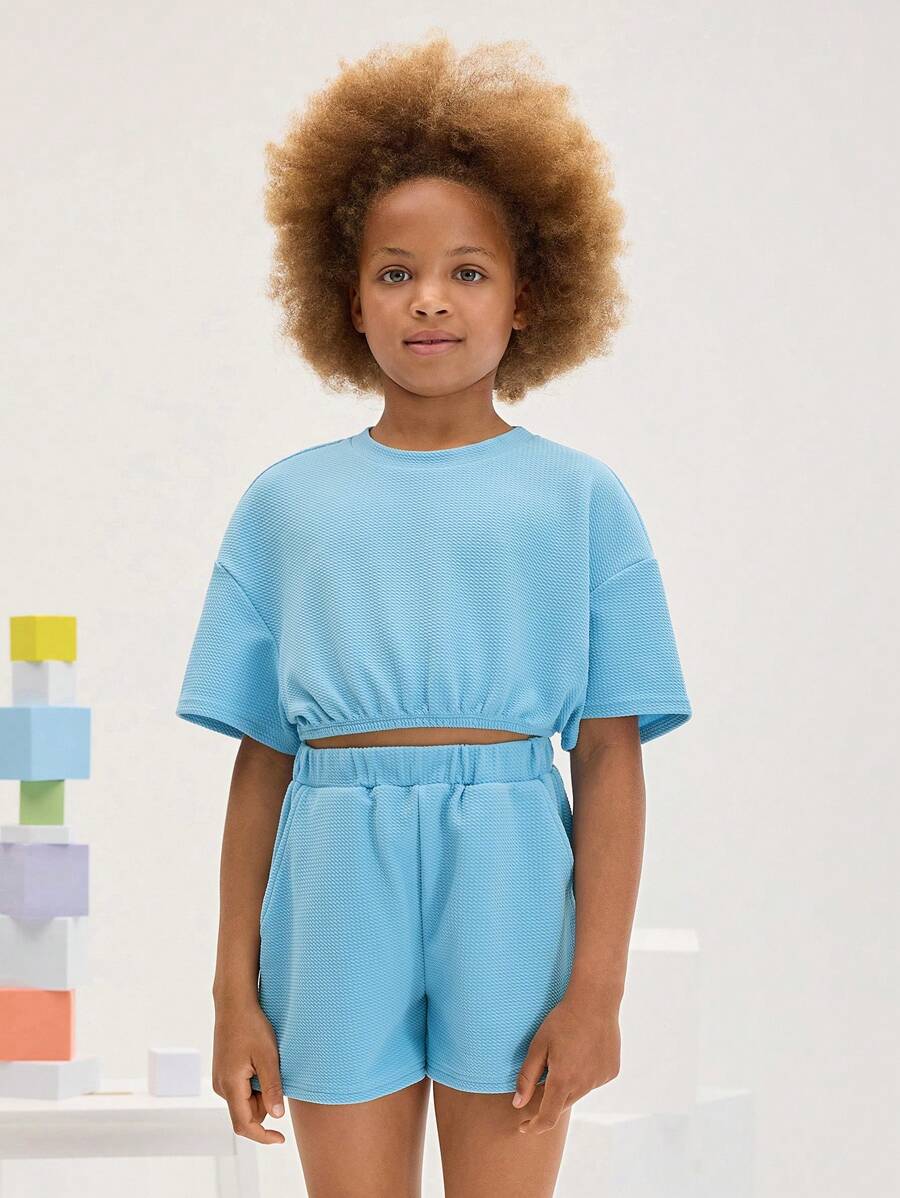 SHEIN 2 pièces/Set T-shirt court à manches courtes et short confortable, rond et simple, pour jeunes filles - Bleu azur - Voir 1