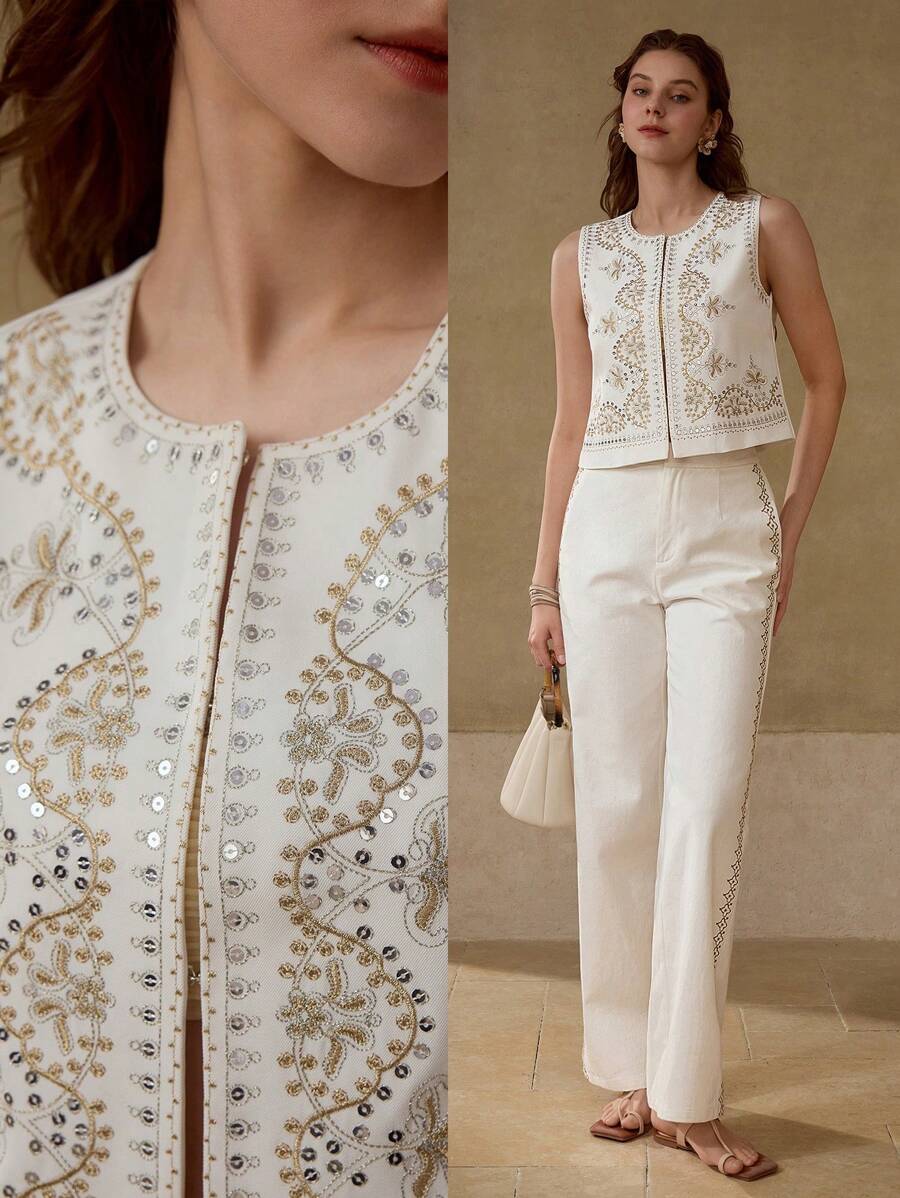 MOTF PREMIUM FLORAL EMBROIDERY BOXY SLEEVELESS JACKET - White - View 1