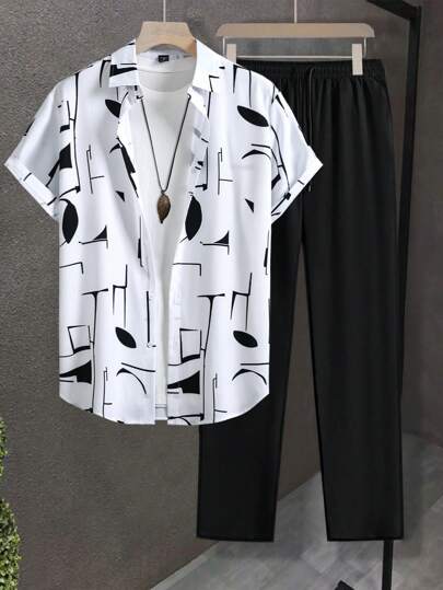 Manfinity Homme 2pcs Men's Summer Geometric Print Short Sleeve Shirt And Shorts Set Shirt Set Men S Clothes Set Men S Clothing Set Shirt Sets Men Outfits Set