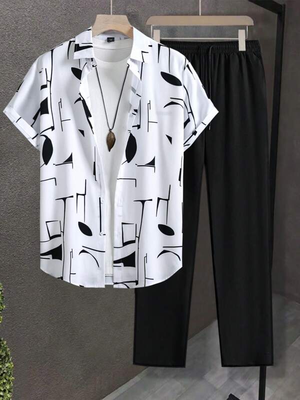 Manfinity Homme 2pcs Men's Summer Geometric Print Short Sleeve Shirt And Shorts Set Shirt Set Men S Clothes Set Men S Clothing Set Shirt Sets Men Outfits Set