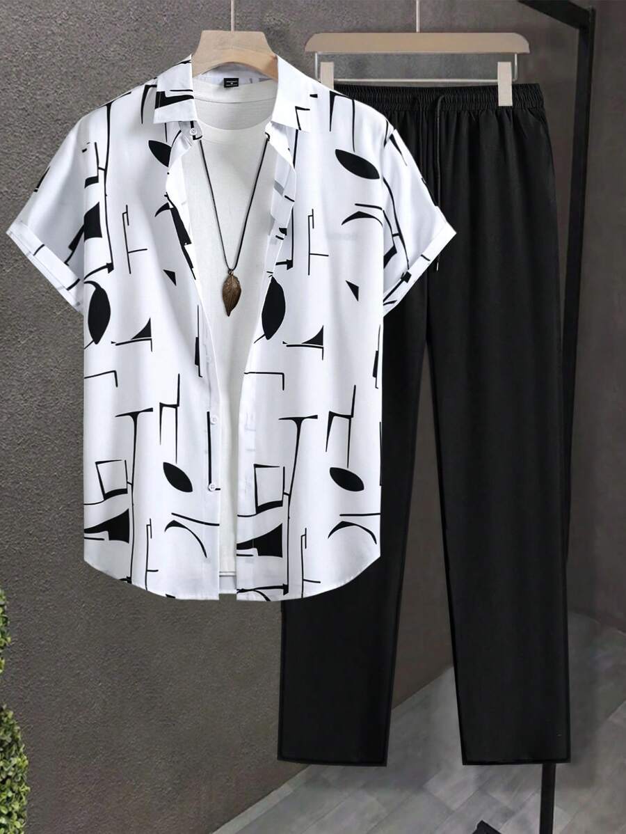 Manfinity Homme 2件套男士夏季几何印花短袖衬衫和短裤套装 - 黑色 - 查看 1