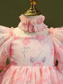 Girls' Elegant Rose Printed Organza Princess Dress With Puff Sleeve, Ruffle Hem And Waist Decoration, Cute Sweet Bubble Dress Suitable For Holidays, Parties, Birthdays, Summer - Pink - View 5