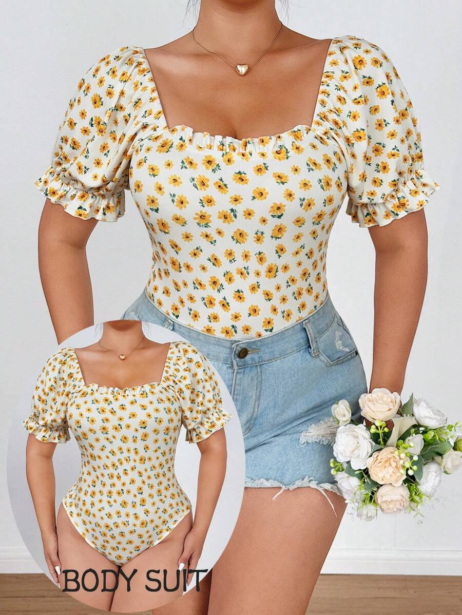 Flirla 夏季大码女式碎花荷叶边领短袖紧身衣 - 彩色 - 查看 1