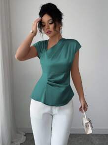 Elenzga 女士优雅休闲/度假/办公室装纯色缎面不对称肩部褶饰肩部修身短上衣，春夏季，绿色荷叶边上衣 - 水鴨藍 - 查看 7