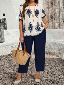 SHEIN LUNE Set casual da 2 pezzi, camicia a maniche corte con stampa floreale e pantaloni, taglie forti per donne