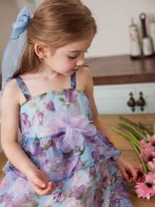 SHEIN Gaun Midi Organza Motif Bunga Ungu Biru yang Lucu untuk Anak Perempuan dengan Tali Bahu Tipis dan Bagian Bawah Mengembang - MultiWarna - View 3