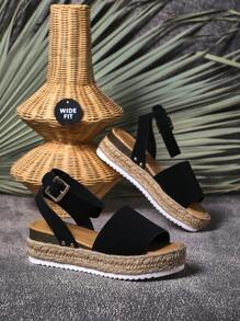 SHUZIA 露趾搭扣踝帶厚底編織底涼鞋 - 黑色 - 查看 1