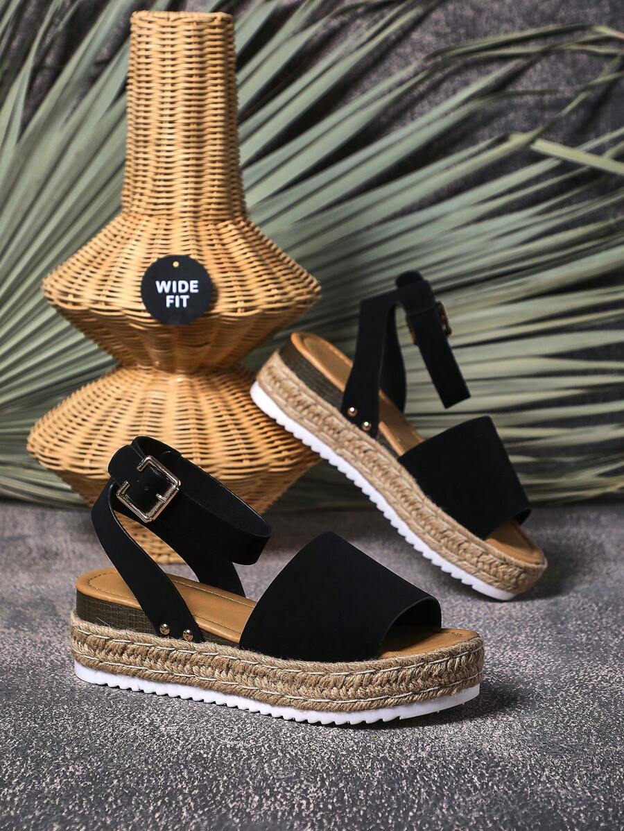 SHUZIA 露趾搭扣踝帶厚底編織底涼鞋 - 黑色 - 查看 1