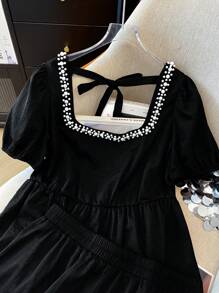 SHEIN Clasi Conjunto de 2 piezas con cuello cuadrado y decoración de perlas, elegante y para talla grande, apropiado para salidas diarias, vacaciones, citas y cenas - Negro - Ver 5