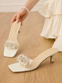 CUCCOO HITCHD Women's Flash Rhinestone Pearl Beaded Square Toe Low Kitten Heels Elegant Romantic White Transparent PVC Dress Shoes, Bridal Wedding High Heels Sandals, Chic For Formal Events, Parties And Weddings - Beige - View 5