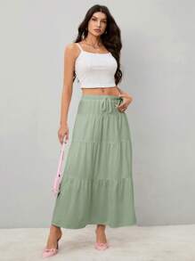 SHEIN Tall Falda larga de cintura alta con nudo y volantes en el dobladillo, de unicolor