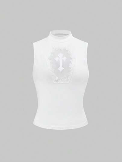 J-Fashion Women's Stand Collar Solid Color Sleeveless Casual Cross Hollow Embroidered Tank Top