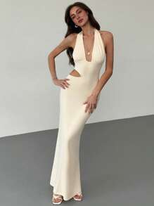 Aloruh Nuevo vestido de ajuste ceñido con cuello en V profundo, espalda descubierta, cintura anudada, cortes y abertura lateral con gran elasticidad, para primavera y verano