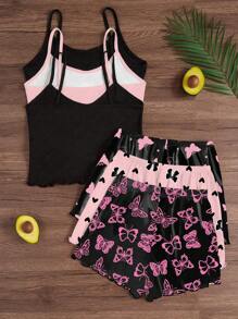 Dream Adore Set de 3 piezas de pijama con camiseta de tirantes y shorts con estampado de dibujos animados