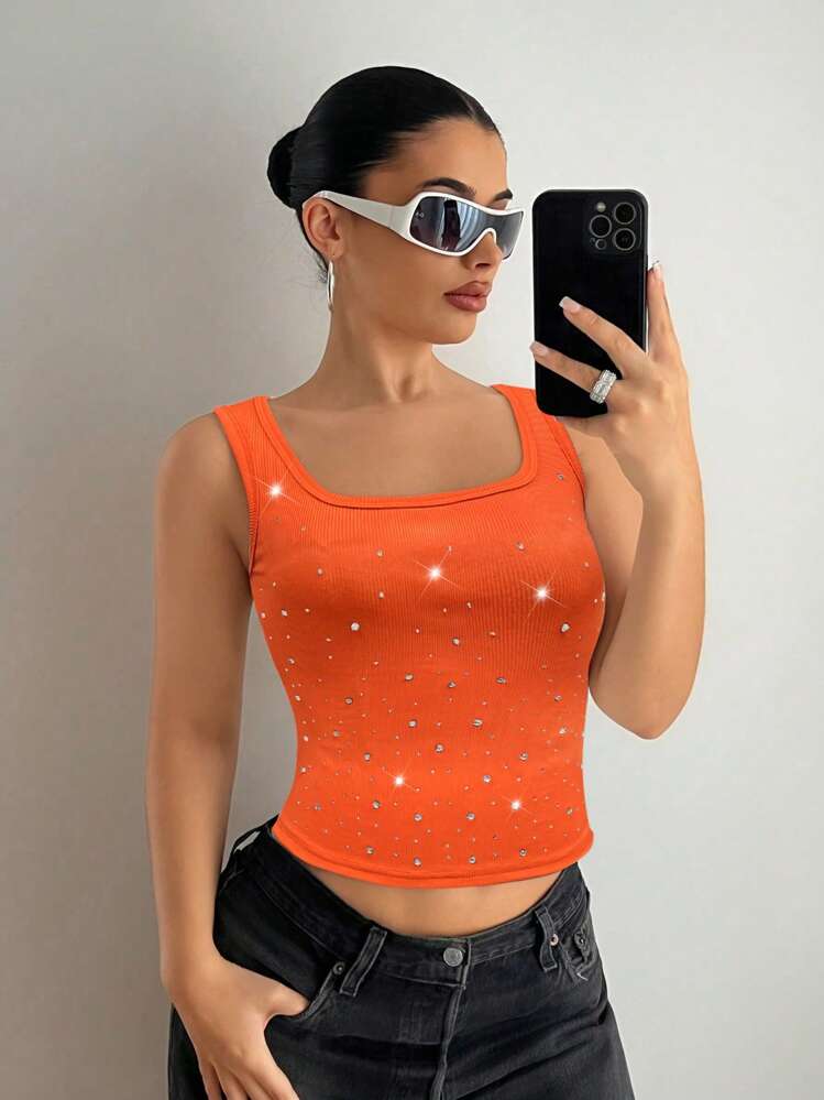 EgrlEra Women's Square Neck Full Sparkly Sequin Detail Orange Tank Top - Orange - View 4