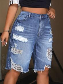 SHEIN ICON 大码女式做旧口袋磨边休闲百搭牛仔短裤 - 淺色水洗藍 - 查看 5