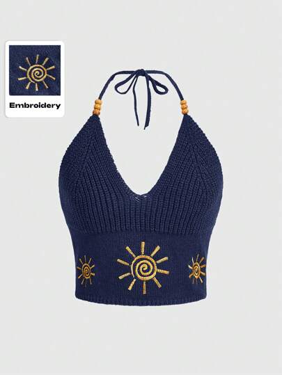 Hippie Top tricoté style licou avec broderie soleil pour femmes, idéal pour les vacances d'été