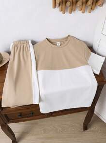 2 件青少年男童休闲日常搭配宽松拼布圆领短袖 T 恤和短裤两件套 - 彩色 - 查看 4