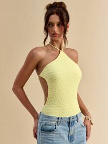 SHEIN BAE Bộ đồ liền thân hở lưng trang trí khóa kim loại mùa xuân cho nữ - Màu vàng - Xem 6