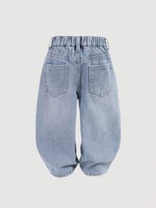 SHEIN Bubblio 男宝宝都市街头酷炫水洗复古做旧猫须宽松蓝色牛仔裤，四季百搭休闲，室内外日常穿着及度假皆宜 - 淺灰色 - 查看 3