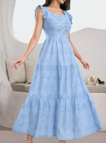 Modelyn 方领无袖荷叶边珍珠纽扣刺绣蓝色连衣裙 - 藍色 - 查看 7