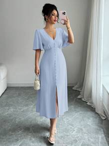 Elenzga Women's Rayon Bamboo Fiber Elegant Vacation Afternoon Tea Party V-Neck Front Button A-Line Front Slit Flared Sleeve Tied Waist Bow Short Sleeve Mid-Length Dress, Spring/Summer