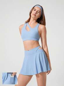 GLOWMODE Quick-Dry Made To Move Lightweight Quick Dry Crossover Waist Asymmetrical Pleated Skirt Low- Mpact Tennis Pickleball Studio Daily Casual Wear - Baby Blue - View 1