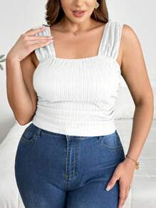 SHEIN Privé Women Plus Size Solid Color Minimalist Versatile Tank Top, Elegant For Spring/Summer Outings And Dates, Textured Camisole,Business Casual Woman