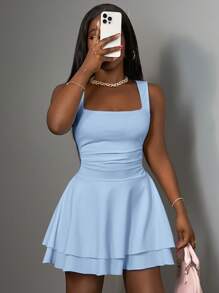 Slaydiva Vestido corto de verano para mujer, informal, deportivo, dulce, con cuello cuadrado, fruncido, de doble capa acampanado