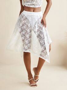 Oxana Handkerchief Hem Full White Lace Transparent Sexy Women Skirt Boho Summer Holiday Beach