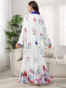 Al Najma 女式宽松长袖衬衫领数码印花连衣裙，端庄 - 彩色 - 查看 4