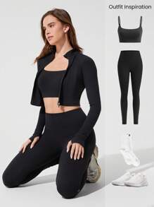 GLOWMODE FeatherFit™ Studio Stamina Swea -Wicking Slim Fit Long Sleeve Thumbholes Cropped Zip Active Jacket Low Impact Yoga Pilates Studio Daily Casual Wear