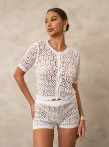 Swim Chiccia 2pcs/Set Summer Beachside Hollow Out Short Sleeve Cardigan & Shorts Set, Fashionable Round Neck, Lightweight - White - View 4