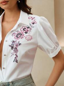 Anewsta Women's Elegant Romantic Floral Embroidery Short Sleeve Collared Blouse - White - View 1