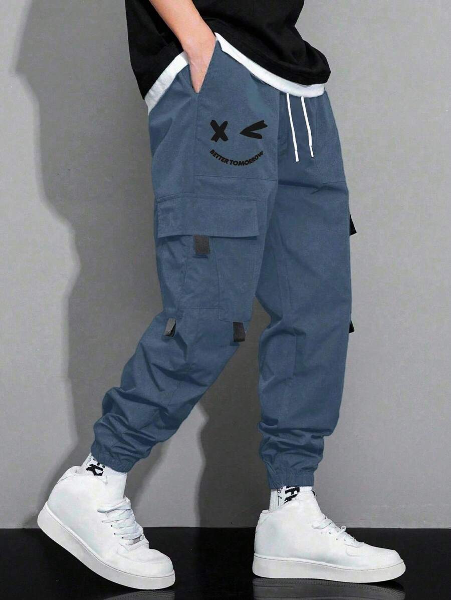 青少年男童街头风格梭织印花工装裤 - 藍色 - 查看 1