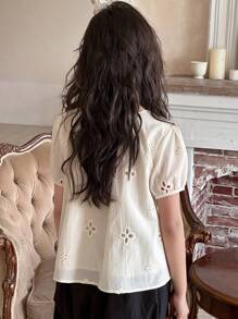 Dazy Kids Tween Girls Embroidered Hollow Puff Sleeve Shirt With Peter Pan Collar,Back To School Clothes