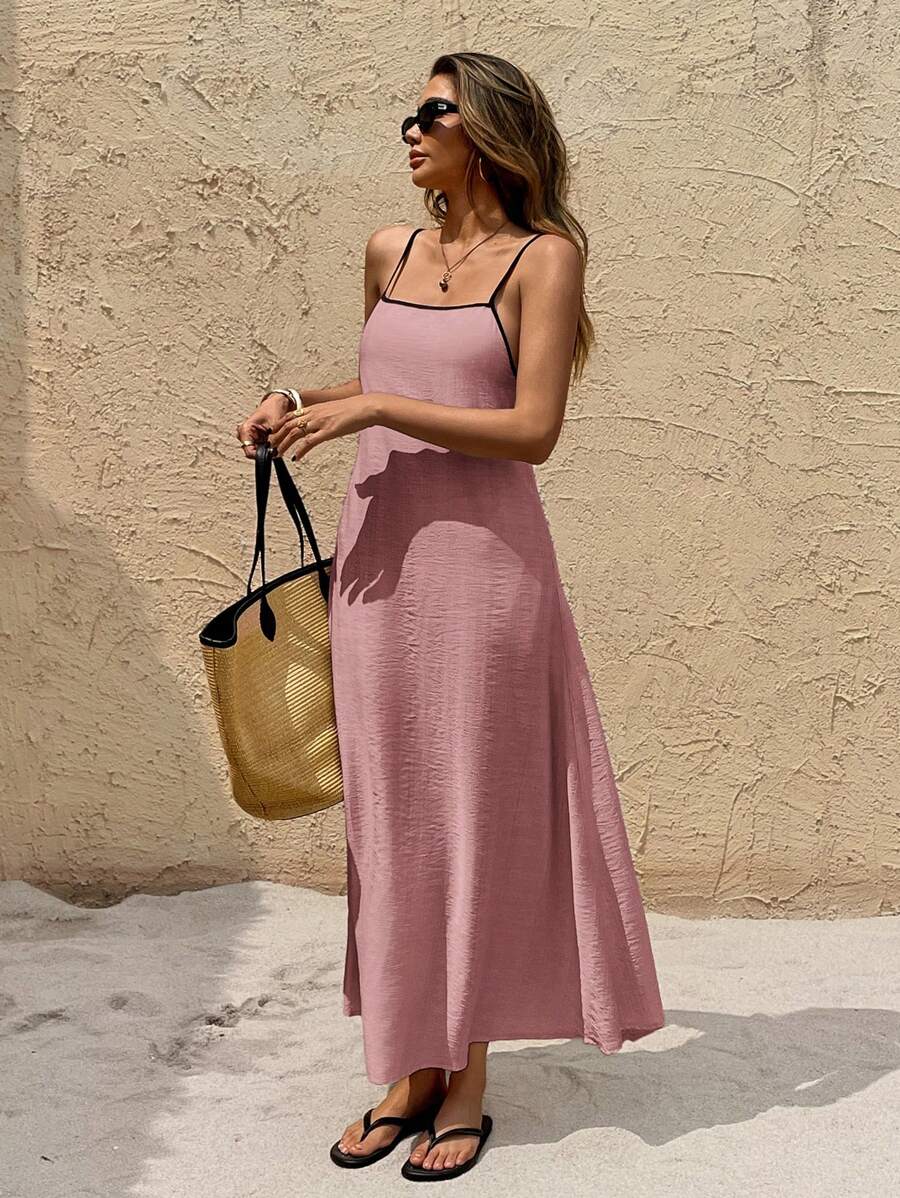 SHEIN Frenchy 女式撞色饰边细肩带无袖长款休闲连衣裙 - 藕粉色 - 查看 1