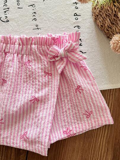 SHEIN LMoss Kids Baby Girl Contrast Striped Paper Bag Waist Shorts With Bow Decor, Summer