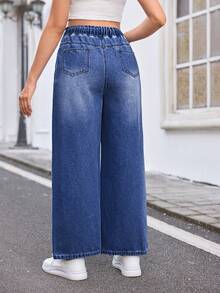 SHEIN 孕妇宽松斜口袋休闲阔腿牛仔裤，波西米亚风 - 中等水洗藍 - 查看 2