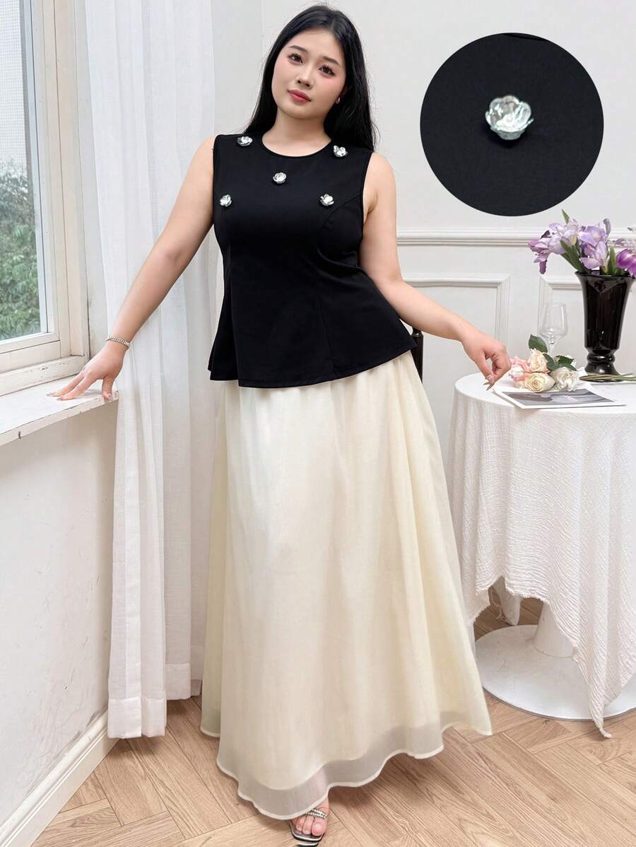Modelyn 2pcs/Set Plus Size Women 3D Floral Sleeveless Top & Long Skirt - Multicolor - View 1