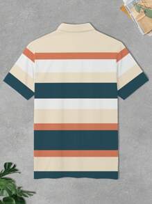 Manfinity Homme Plus Size Men's Summer Letter & Striped Short Sleeve Casual Commuting Polo Shirt - Multicolor - View 5