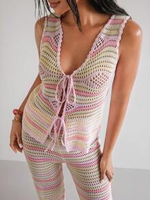 SHEIN Swim Women's Elegant Pink Striped Tie Front Knitted Cover Up, Beach Cover-Up For Summer Beach Vacation